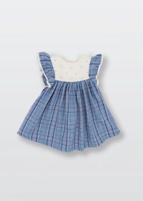 100% Pamuk Mavi Ekose Yazlık Kız Bebek Elbise